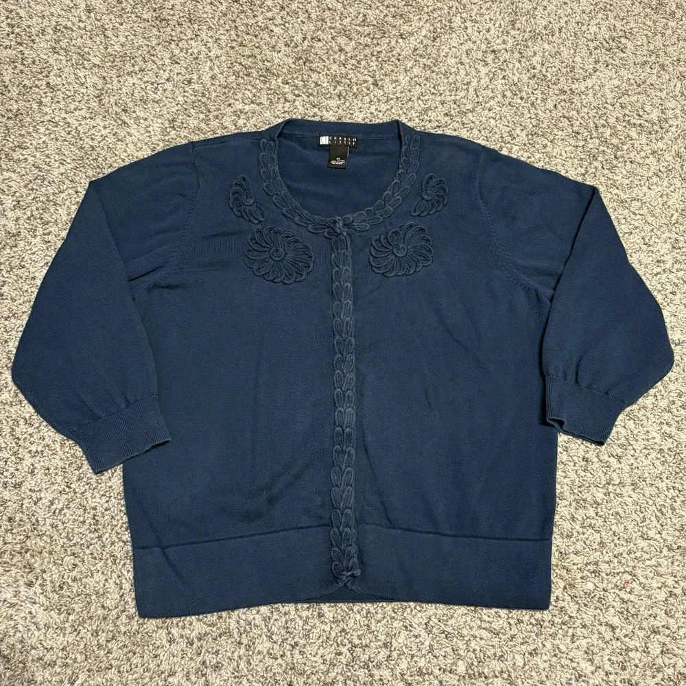 Vintage Carol Little Embroidered Cardigan Sweater‎ Womens XL Teal Floral Knit